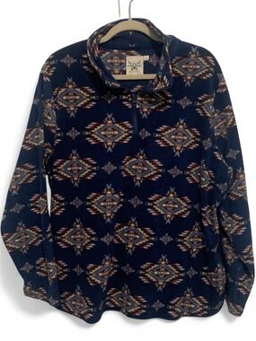 Cotton Rye Western Boho Patterned Navy Fleece Zip Neck Sweatshirt